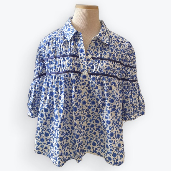 NWT Anthropologie Maeve Leandra Shirred Yoke Shirt Blue White Floral Cotton XL - Picture 3 of 11